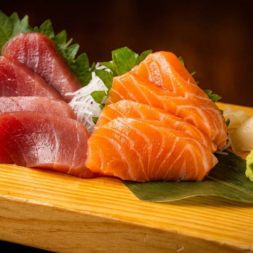 Fresh tuna and salmon sashimi slices with wasabi and pickled ginger on a wooden board.