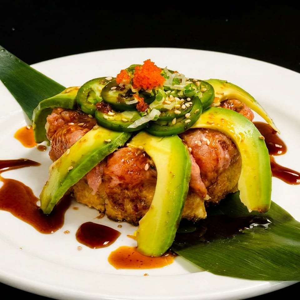 Sushi dish with avocado slices, jalapeños, and orange roe on a white plate with sauce.