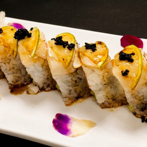 Sushi rolls with scallops, lime slices, and black caviar on a white plate with flower petals.
